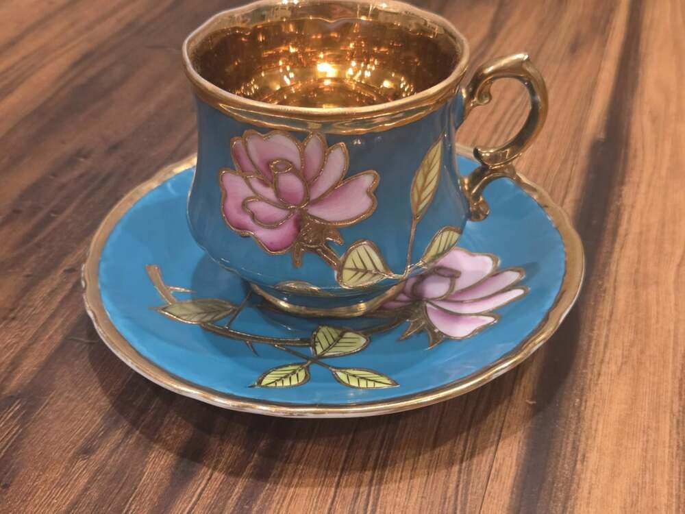 Vtg Japanese Turquoise & Gold Teacup Saucer Set Raised Pink Rose